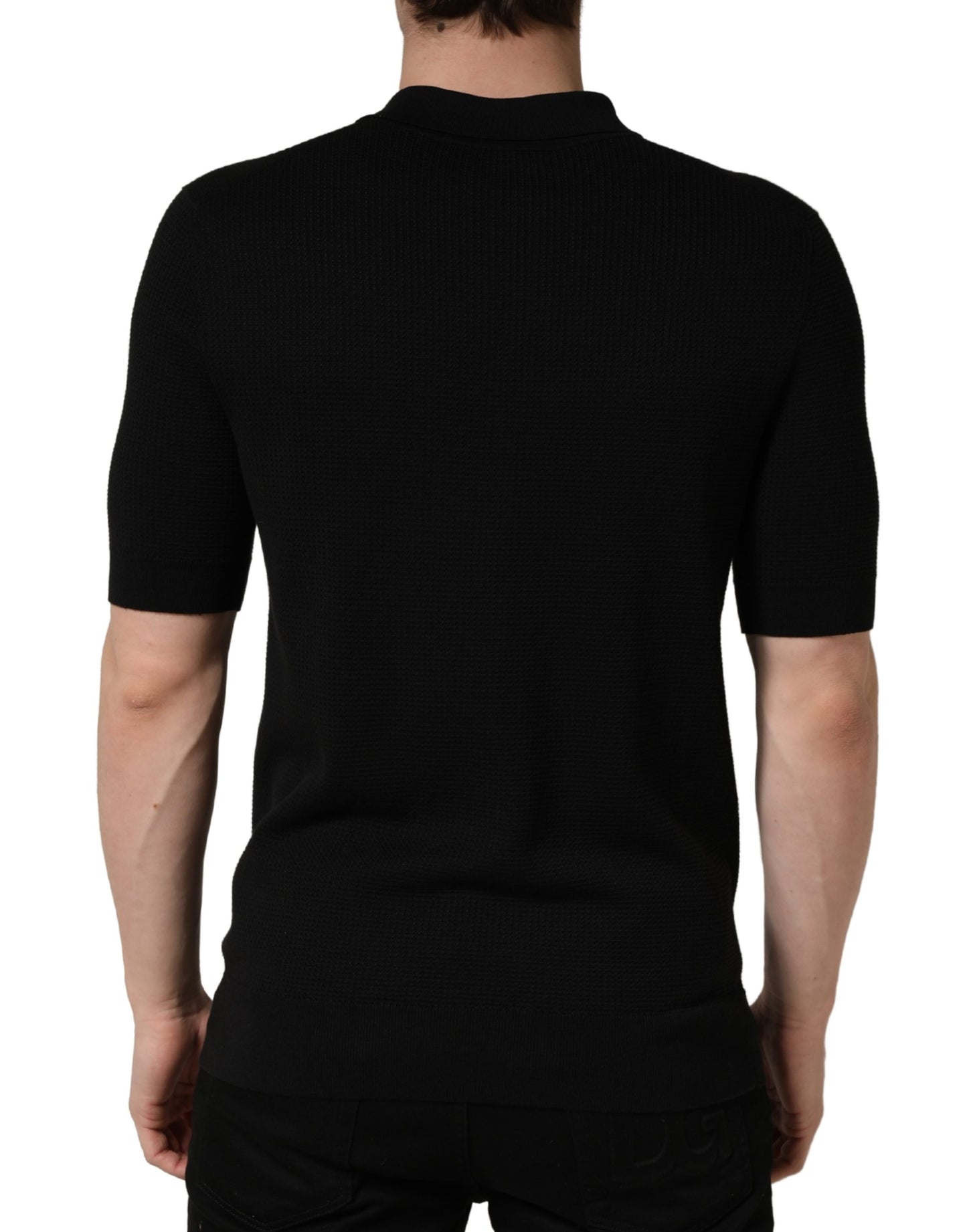 Dolce & Gabbana Black Heraldic Crest Patch Silk Polo T-shirt