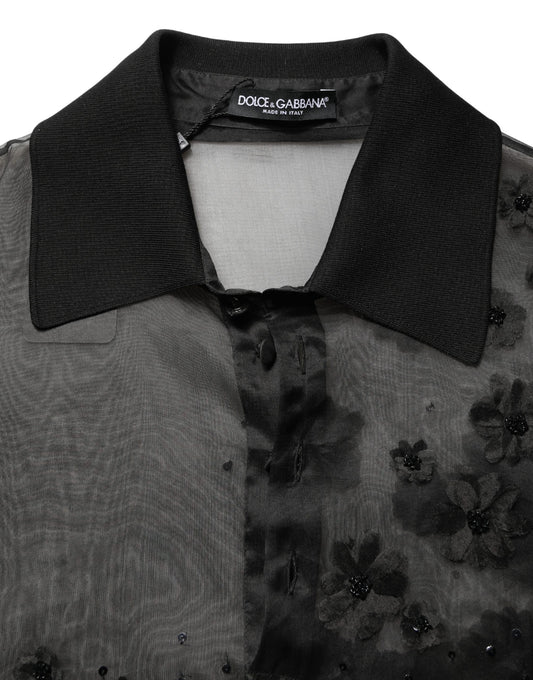 Dolce & Gabbana Black Floral Applique Sheer Short Sleeve Shirt