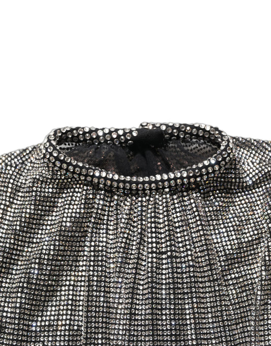 Dolce & Gabbana Silver Rhinestones Long Sleeves Bodysuit Mini Dress