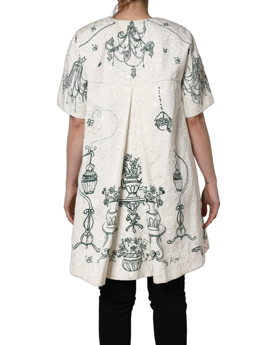 Dolce & Gabbana White Jacquard Garden Print Coat Jacket