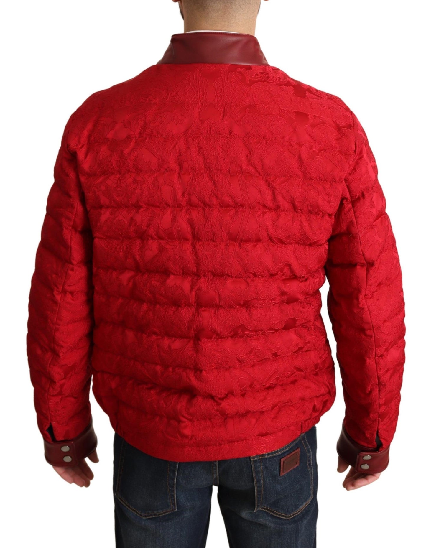 Dolce & Gabbana Red Brocade Bomber Gold Crown Logo Coat Jacket