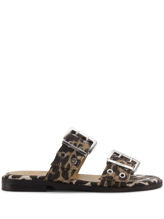 Ganni Ganni Leopard Denim Feminine Buckle Two-Strap Sandals