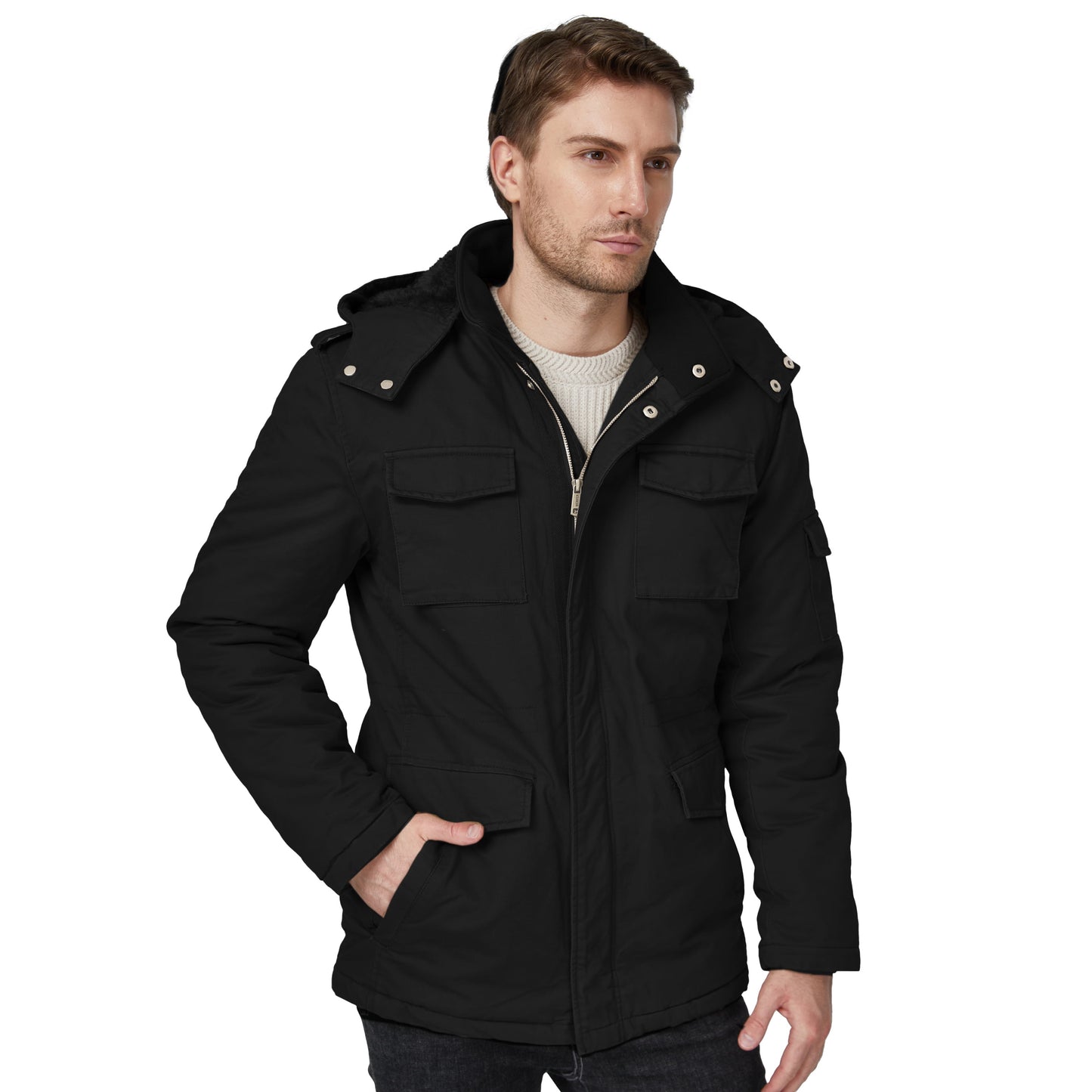 Men'S Winter Coat Warm Puffer Jacket Hooded Winter Puffer Jacket Black L