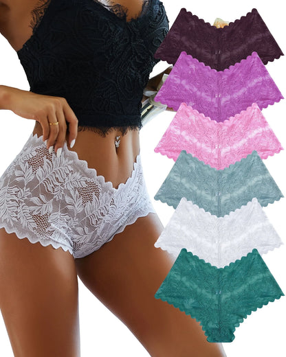 6 Pack Lace Underwear for Women Soft Briefs Embroidery Floral Panties S-XL - PrettyFancyNow