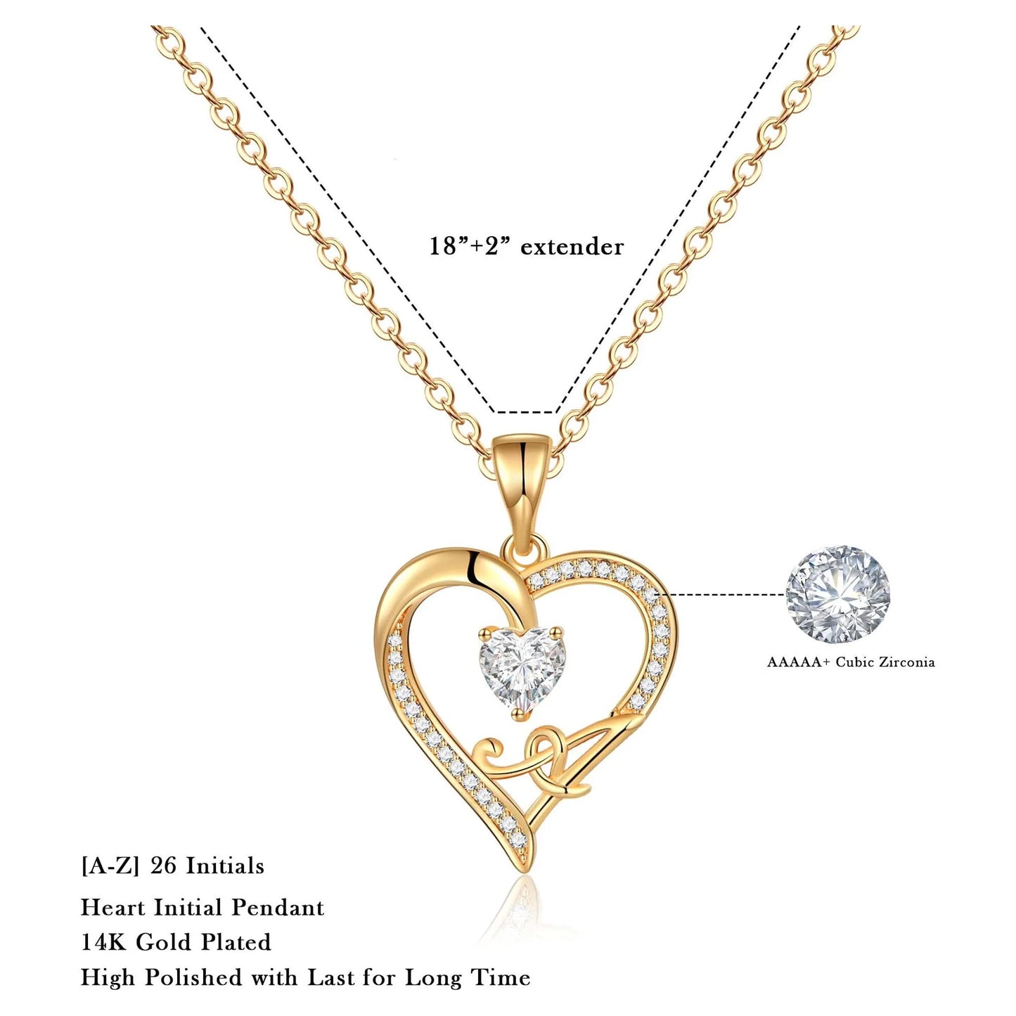 14K Gold Plated Initial Heart Pendant Necklace for Women