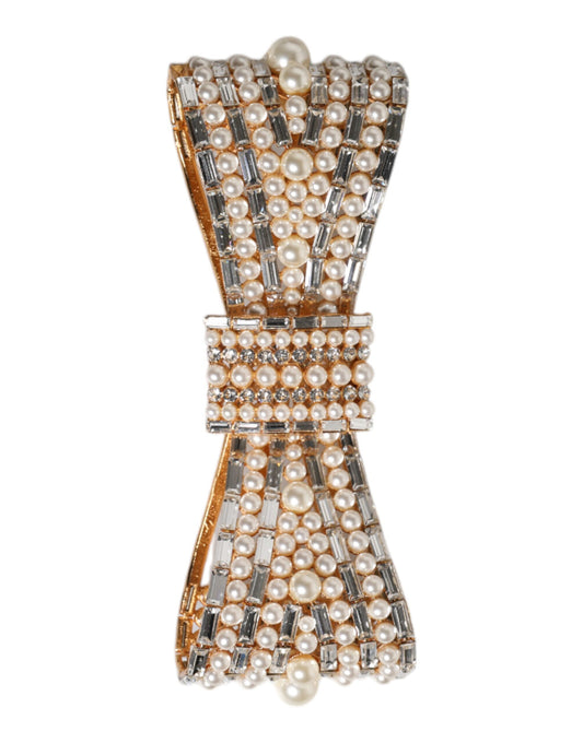 Dolce & Gabbana Gold Tone Brass Bow Crystal FauxPearl Embellished Brooch