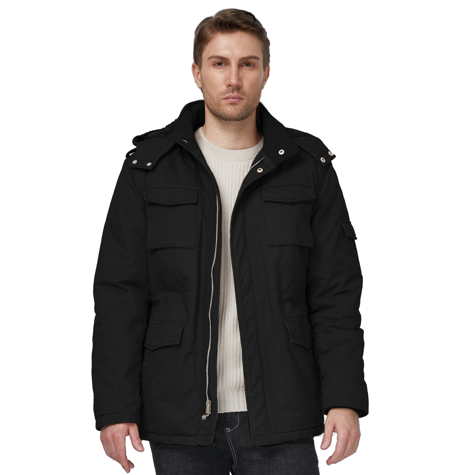 Men'S Winter Coat Warm Puffer Jacket Hooded Winter Puffer Jacket Black L