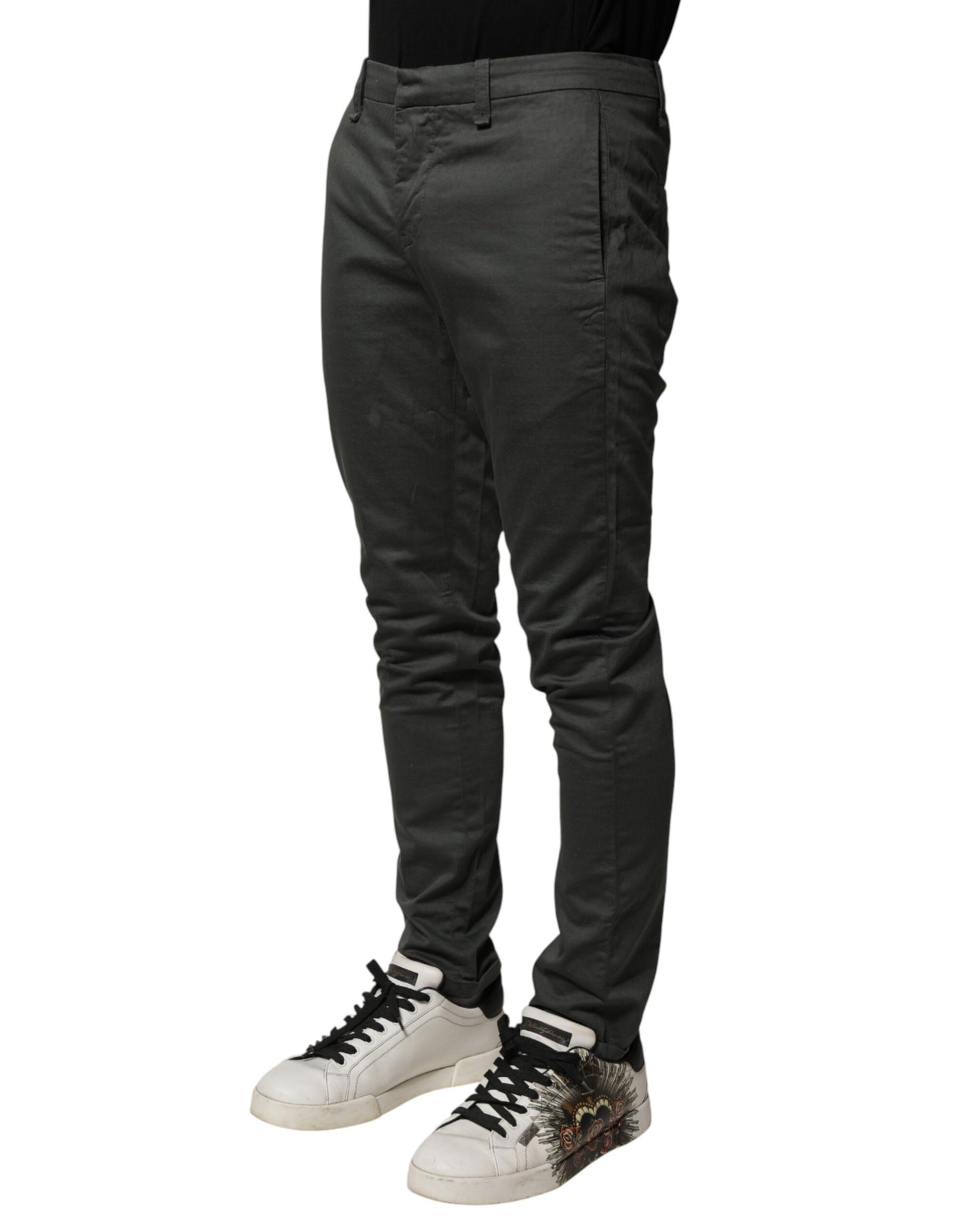 Dondup Dark Gray Cotton Mid Waist Skinny Men Chino Trouser Pants