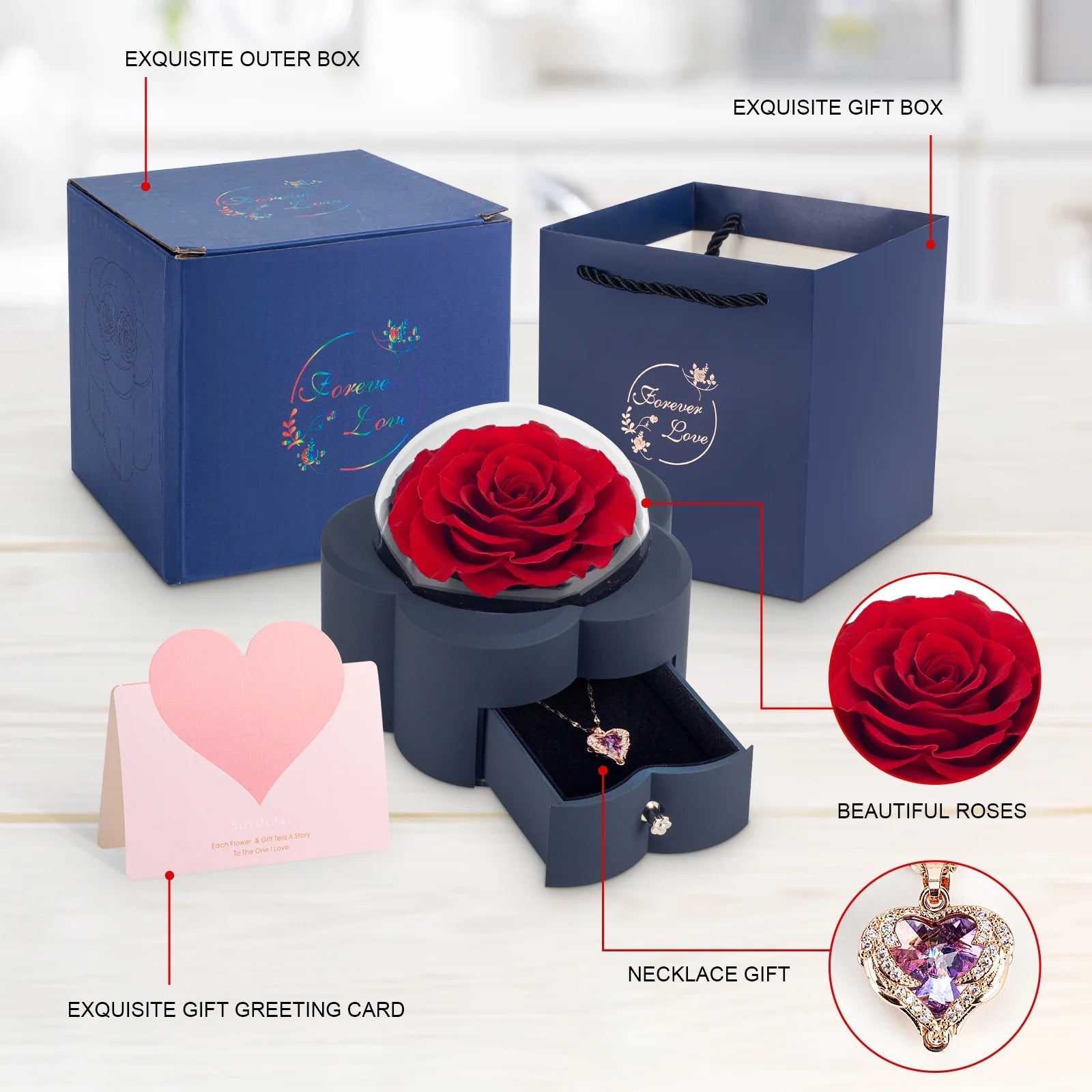 Preserved Flowers Whit High-End Rose Necklace Gift Box
