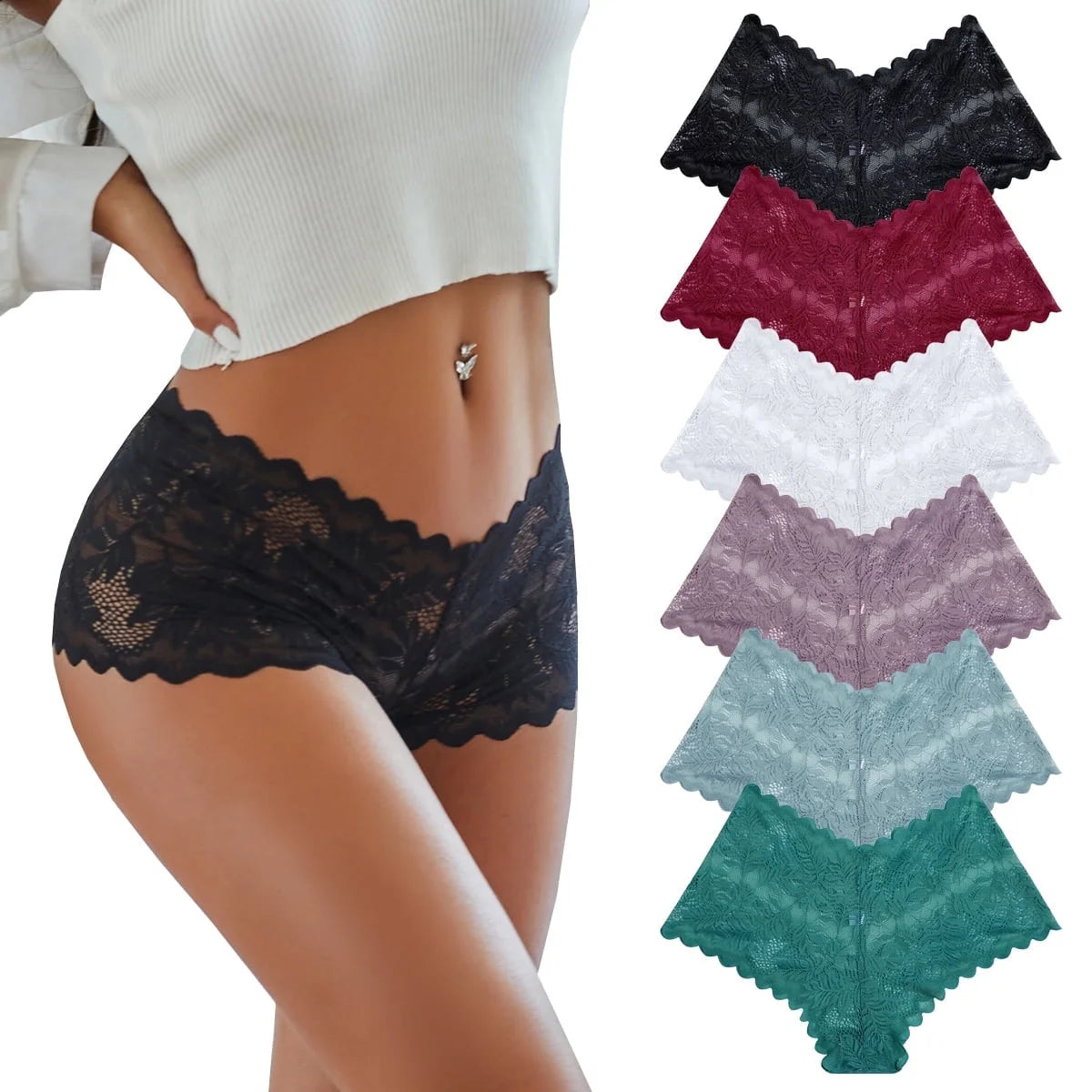 6 Pack Lace Underwear for Women Soft Briefs Embroidery Floral Panties S-XL - PrettyFancyNow