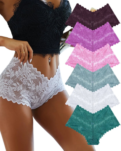6 Pack Lace Underwear for Women Soft Briefs Embroidery Floral Panties S-XL - PrettyFancyNow