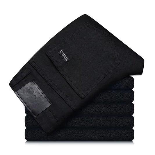 Men’s Pure Black Straight Fit Jeans – Comfortable, Elastic Classic Business Pants