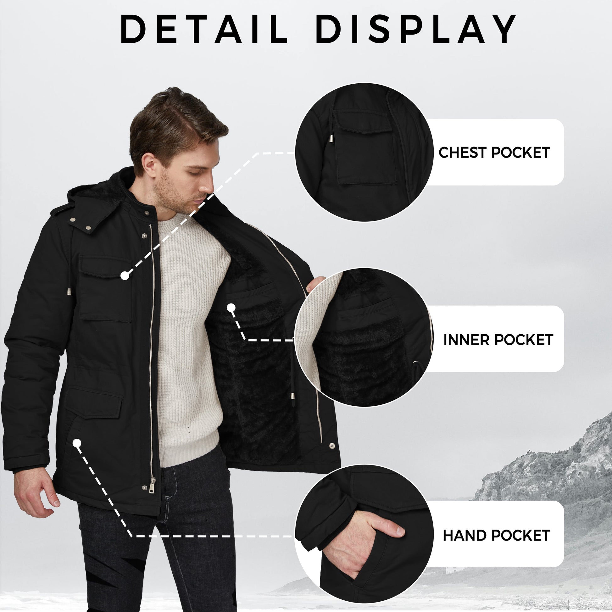 Men'S Winter Coat Warm Puffer Jacket Hooded Winter Puffer Jacket Black L