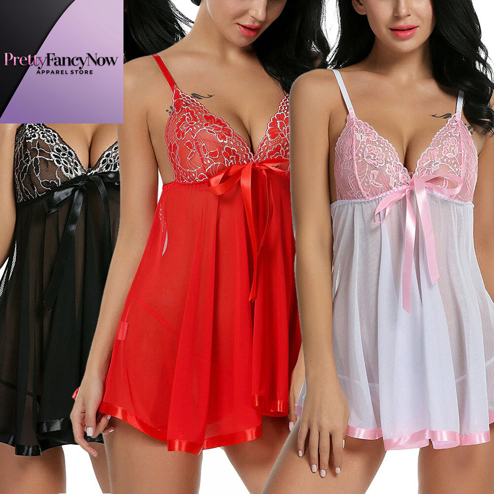 Women'S Sexy Lingerie Babydoll Sleepwear Underwear Lace Dress G-String Nightwear - PrettyFancyNow