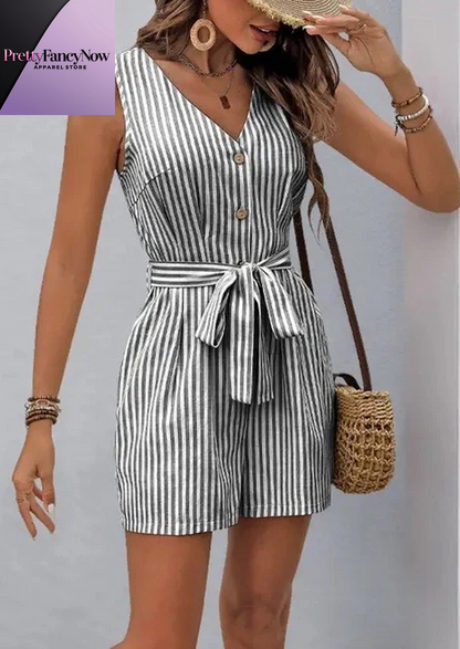 Sleeveless Striped Romper with Tie Waist - PrettyFancyNow