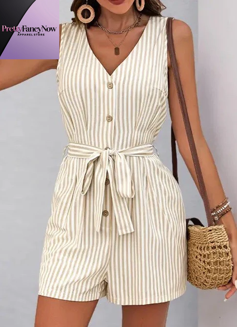 Sleeveless Striped Romper with Tie Waist - PrettyFancyNow