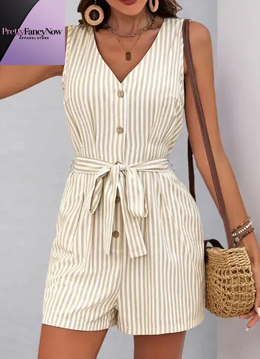 Sleeveless Striped Romper with Tie Waist - PrettyFancyNow