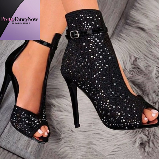 Women's Rhinestone Stiletto Sandals – Open Toe High Heels - PrettyFancyNow